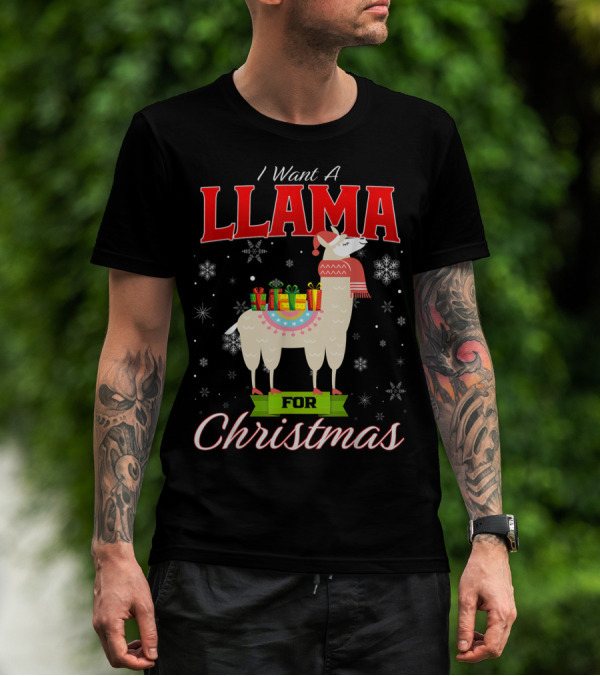 I Want A Llama For Christmas Santa Hat Snowflakes T-Shirt