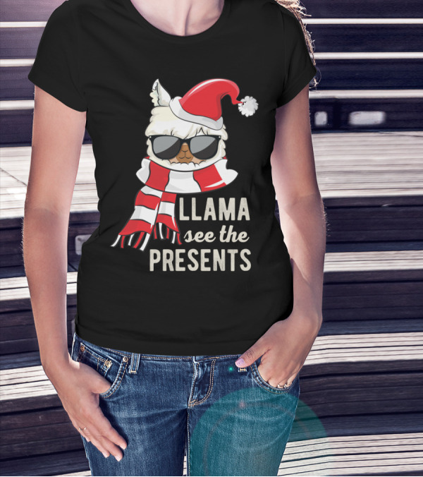 Llama See The Presents Funny Hat Xmas Alpaca Christmas Santa Scarf Sunglasses T-Shirt