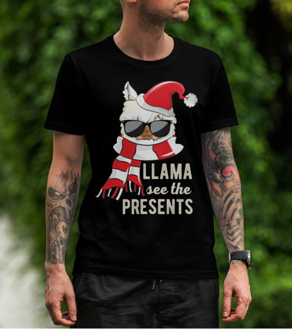 Llama See The Presents Funny Hat Xmas Alpaca Christmas Santa Scarf Sunglasses T-Shirt