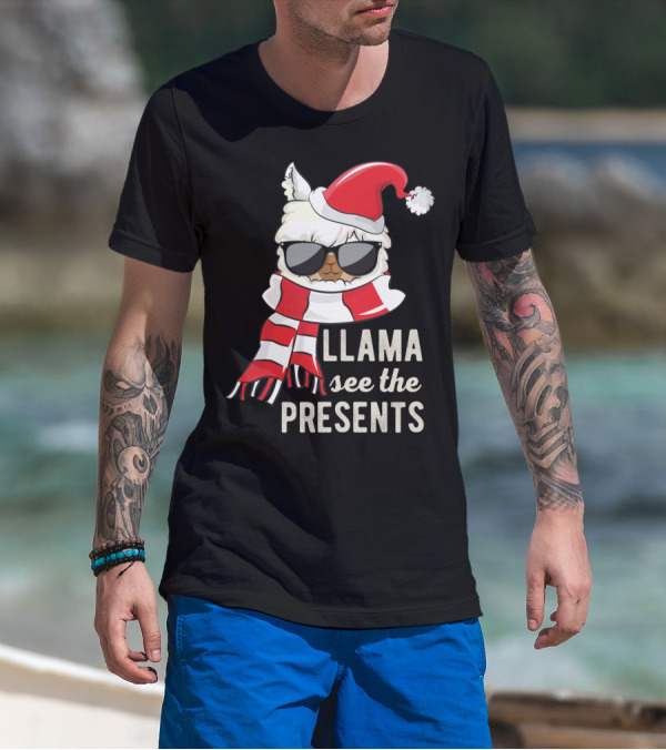 Llama See The Presents Funny Hat Xmas Alpaca Christmas Santa Scarf Sunglasses T-Shirt