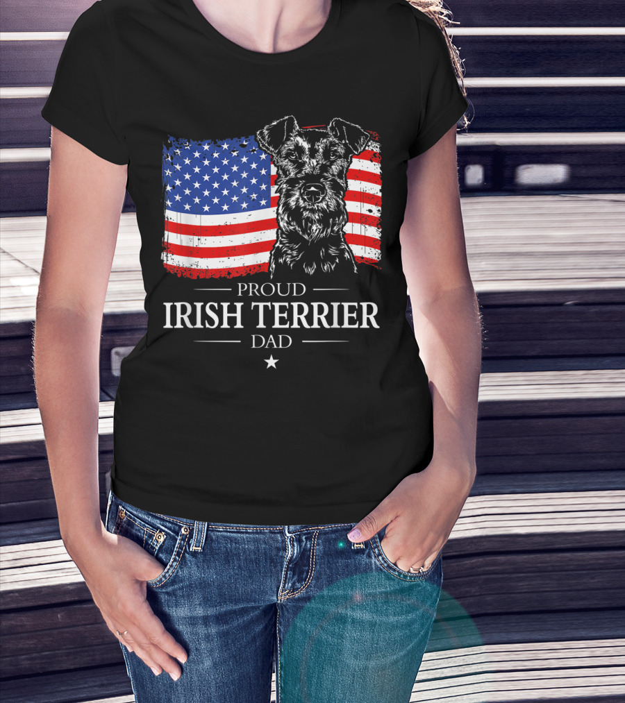 Proud Irish Terrier Dad With American Flag Background T-Shirt