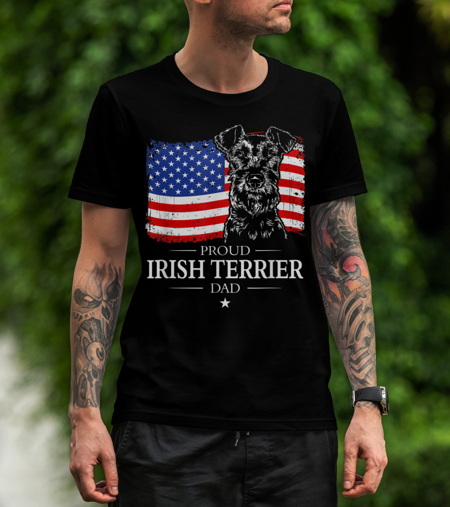 Proud Irish Terrier Dad With American Flag Background T-Shirt