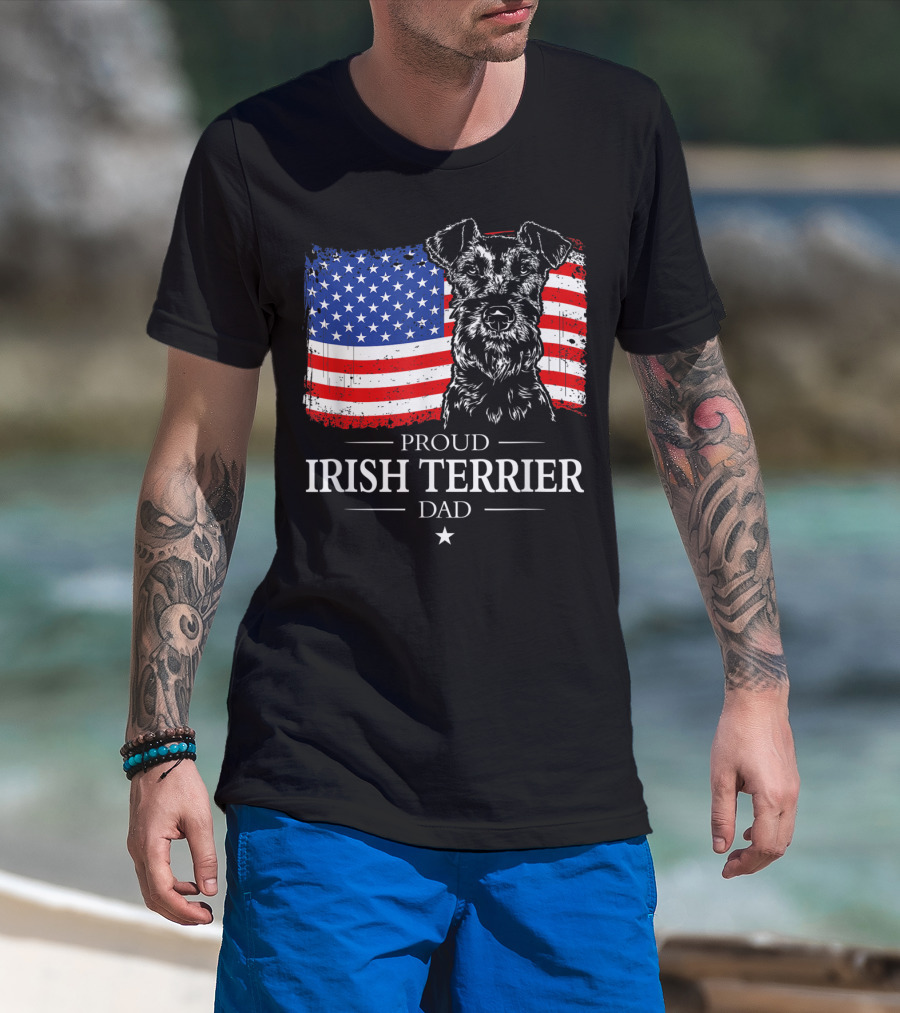 Proud Irish Terrier Dad With American Flag Background T-Shirt