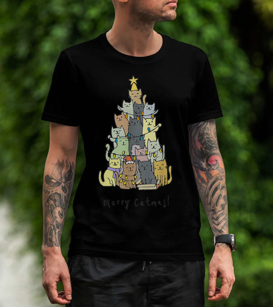 Merry Catmas Funny Cats Christmas Tree With Star And Decorations T-Shirt