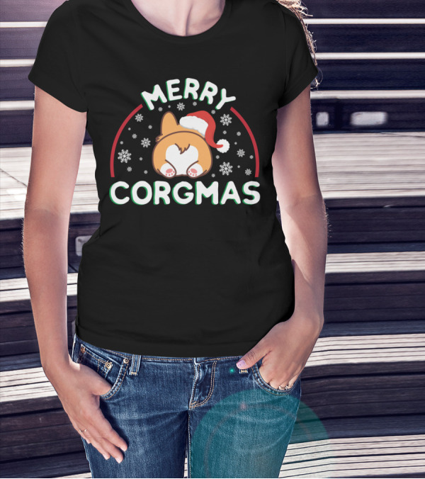 Merry Corgmas Corgi Doggo With Santa Hat And Snowflakes T-Shirt