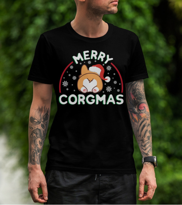 Merry Corgmas Corgi Doggo With Santa Hat And Snowflakes T-Shirt