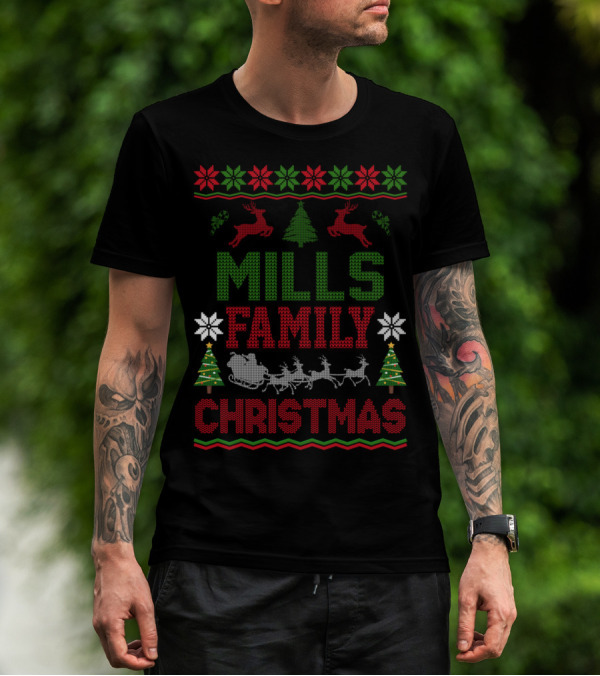 Mills Family Christmas Reindeer Sleigh Ugly Sweater Holiday Trees T-Shirt