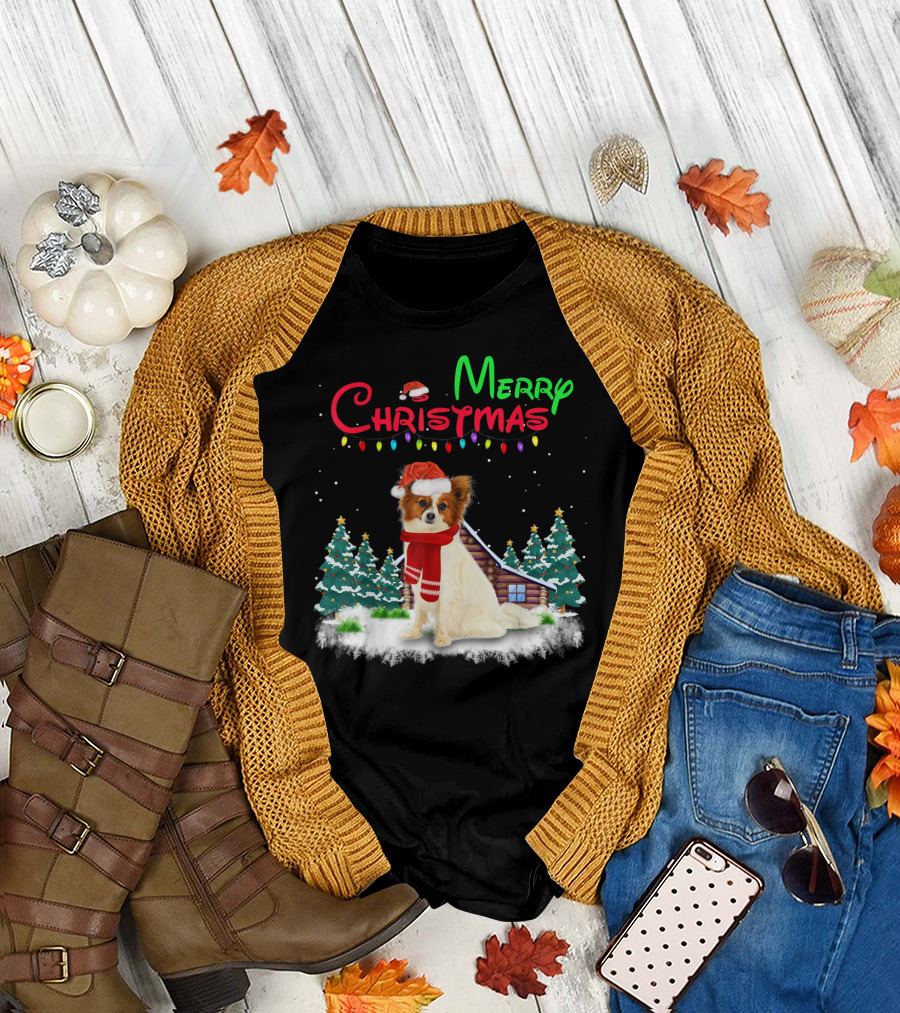 Papillon Dog with Santa Hat and Christmas Lights in Snowy Holiday Scene T-Shirt