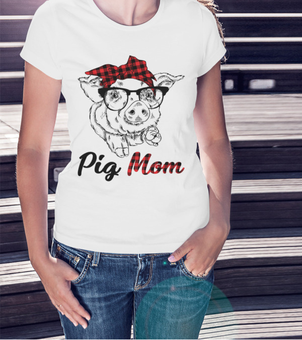 Pig Mom Piggy Outfit Mother Plaid Bow Glasses T-Shirt