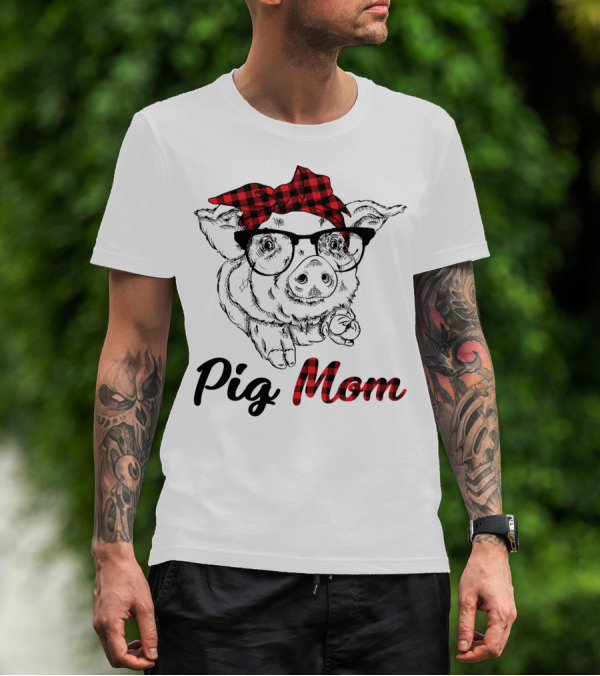 Pig Mom Piggy Outfit Mother Plaid Bow Glasses T-Shirt