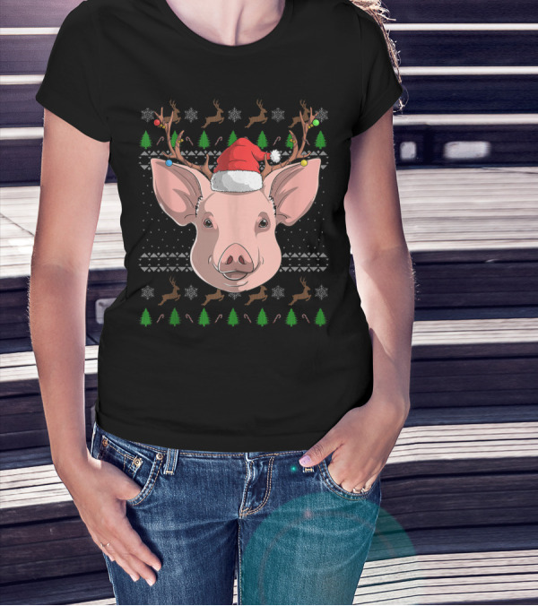 Pig Santa Claus Hat Reindeer Antlers Christmas Ornaments T-Shirt