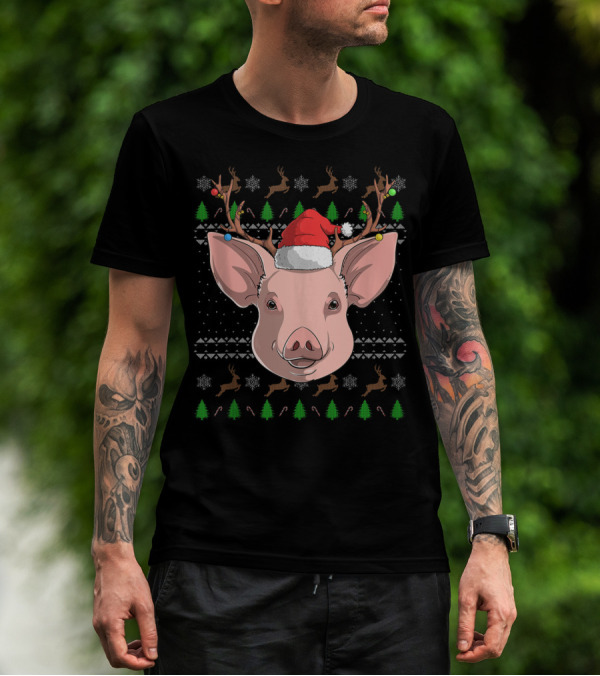 Pig Santa Claus Hat Reindeer Antlers Christmas Ornaments T-Shirt