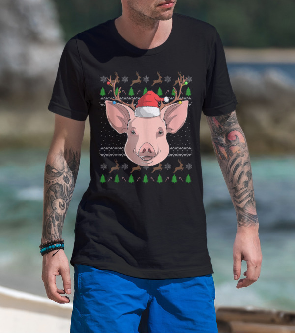 Pig Santa Claus Hat Reindeer Antlers Christmas Ornaments T-Shirt