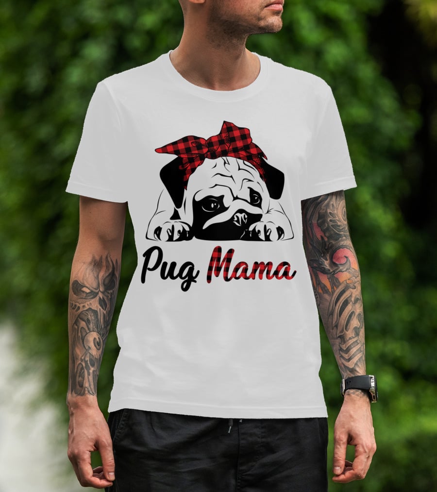 Pug Mama Puppies Buffalo Plaid T-Shirt