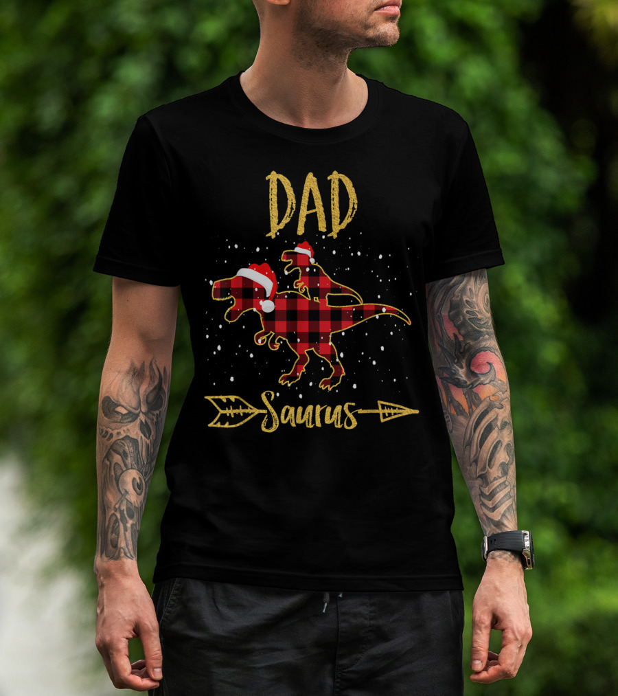 Dad Saurus Red Plaid Dinosaur With Santa Hat T-Shirt