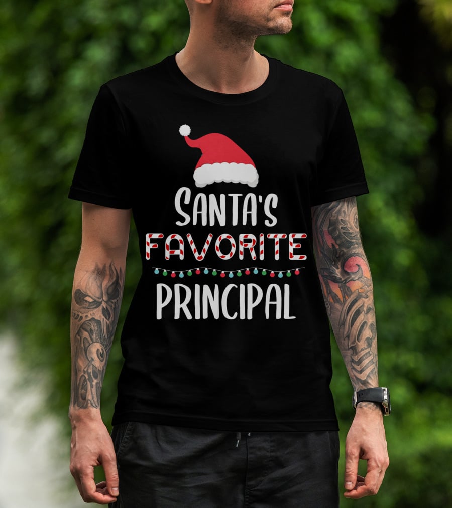 Santa's Favorite Principal Christmas Hat And Lights T-Shirt