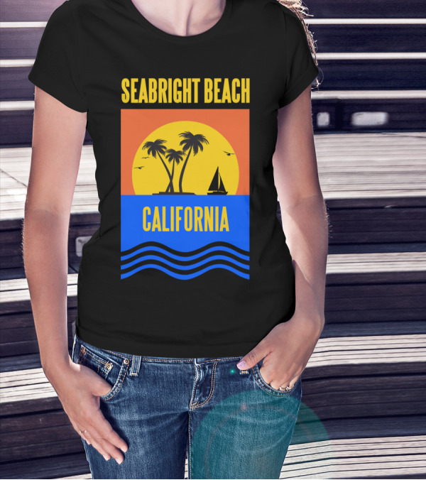 Seabright Beach California Sunset Palm Trees Sailboat Vacation T-Shirt