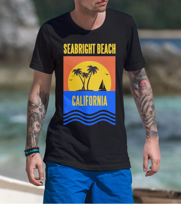 Seabright Beach California Sunset Palm Trees Sailboat Vacation T-Shirt