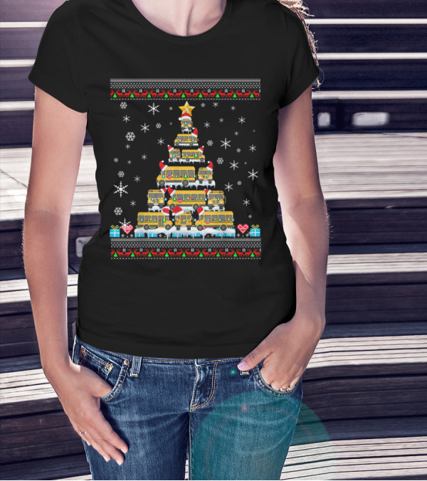 Ugly Christmas Tree Built From School Buses With Snowflakes And Holiday Decorations For Bus Driver Lovers T-Shirt
