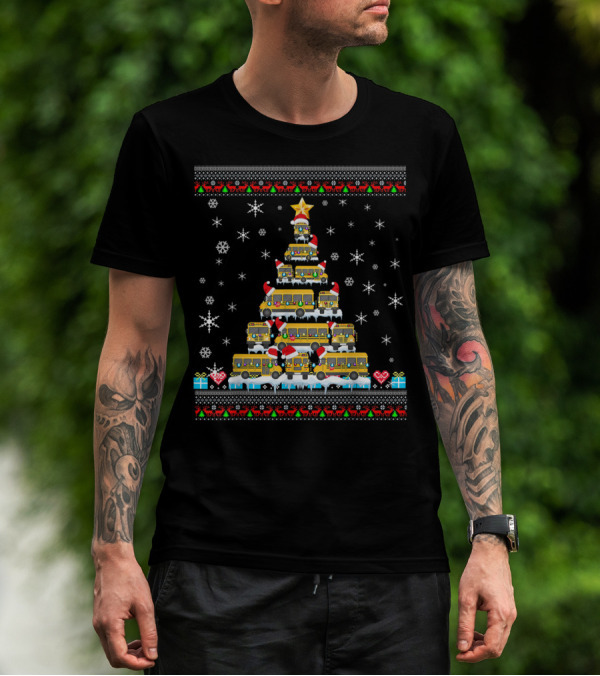 Ugly Christmas Tree Built From School Buses With Snowflakes And Holiday Decorations For Bus Driver Lovers T-Shirt