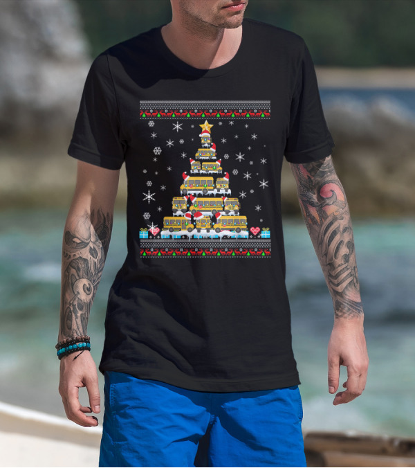 Ugly Christmas Tree Built From School Buses With Snowflakes And Holiday Decorations For Bus Driver Lovers T-Shirt