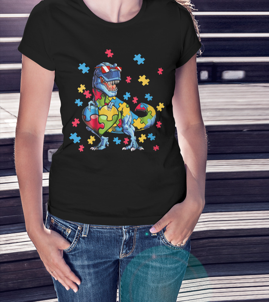 Dinosaur T-Rex Holding Puzzle Heart Autism Awareness T-Shirt