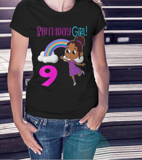 Birthday Girl 9 African American Rainbow Purple Dress T-Shirt