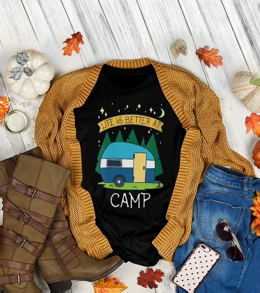 Life Is Better at Camp with Cute Camper and Forest Scene T-Shirt