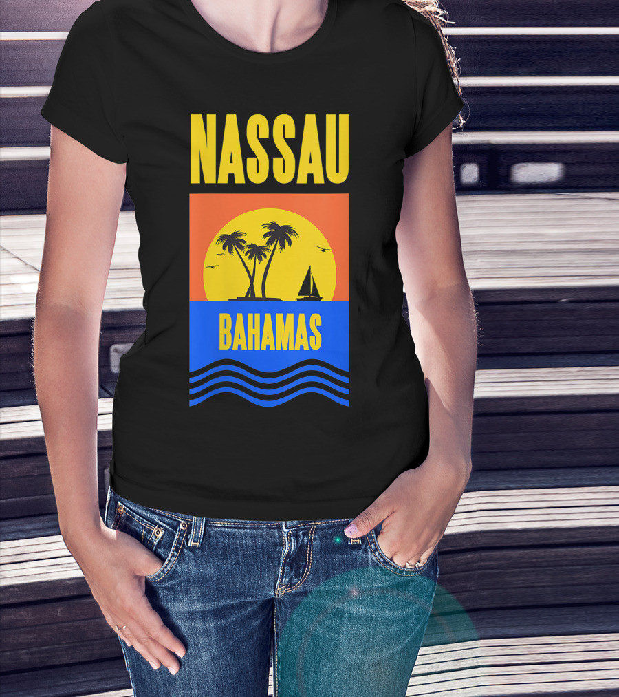 Nassau Bahamas Sunset Palm Trees And Sailboat Ocean Waves T-Shirt