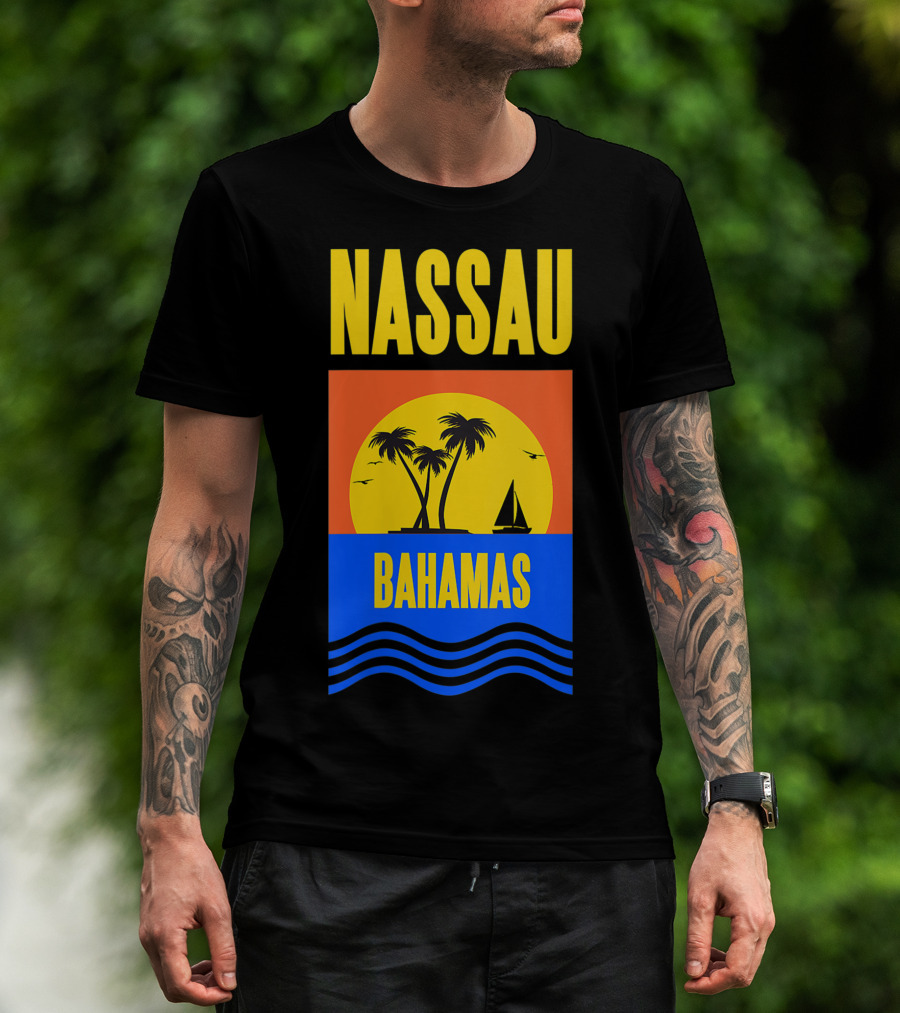 Nassau Bahamas Sunset Palm Trees And Sailboat Ocean Waves T-Shirt