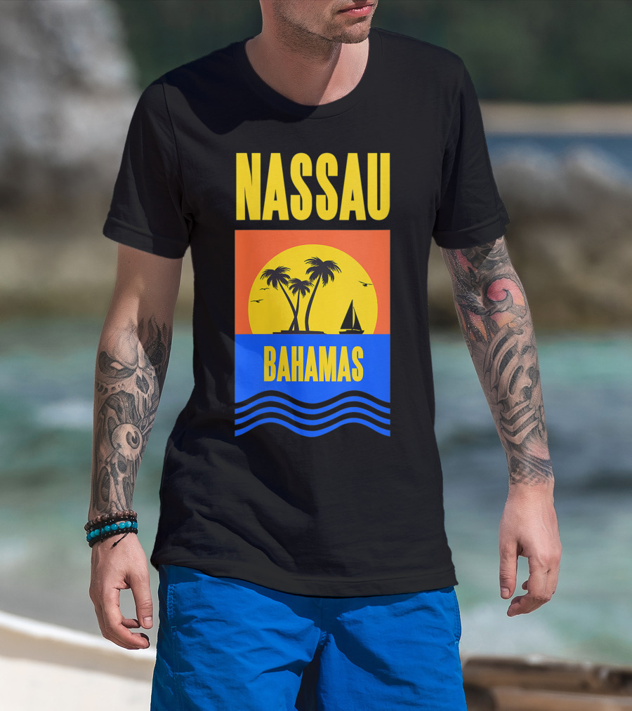 Nassau Bahamas Sunset Palm Trees And Sailboat Ocean Waves T-Shirt