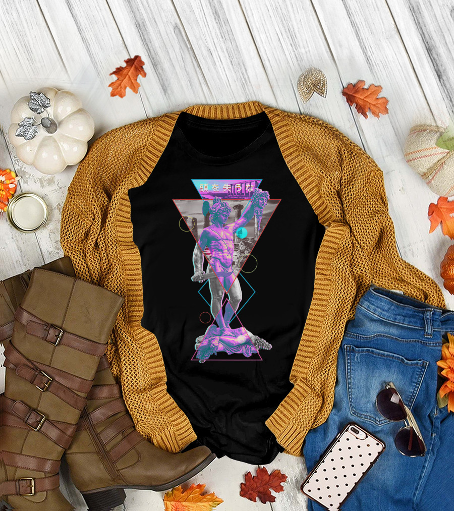 Perseus and Medusa Vaporwave Aesthetic with Japanese Text and Geometric Shapes T-Shirt