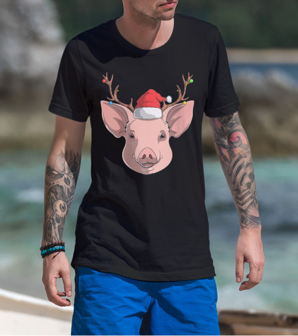 Pig With Santa Hat And Reindeer Antlers T-Shirt