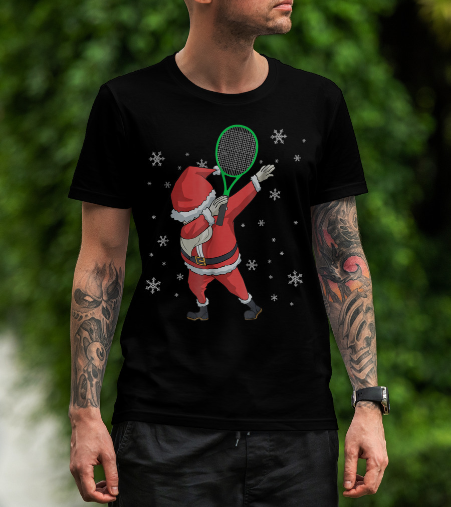 Dabbing Santa Claus With Tennis Racket And Snowflakes T-Shirt