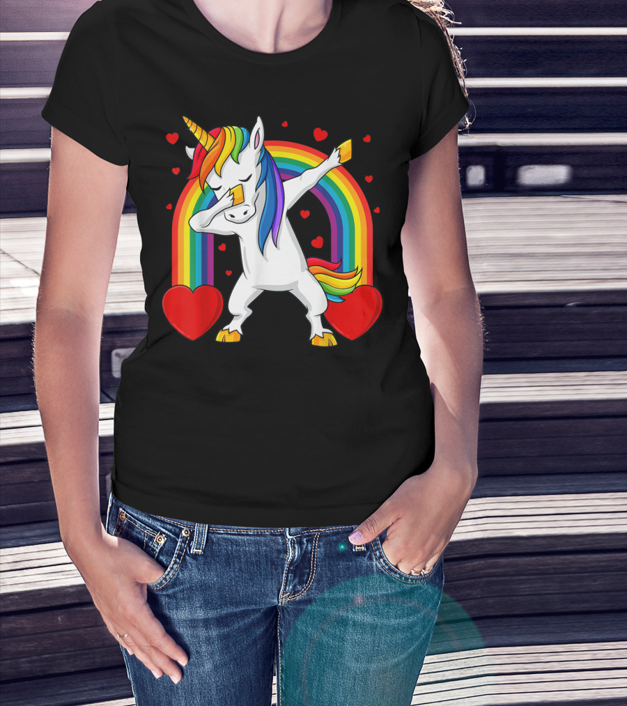 Dabbing Unicorn With Rainbow And Hearts T-Shirt