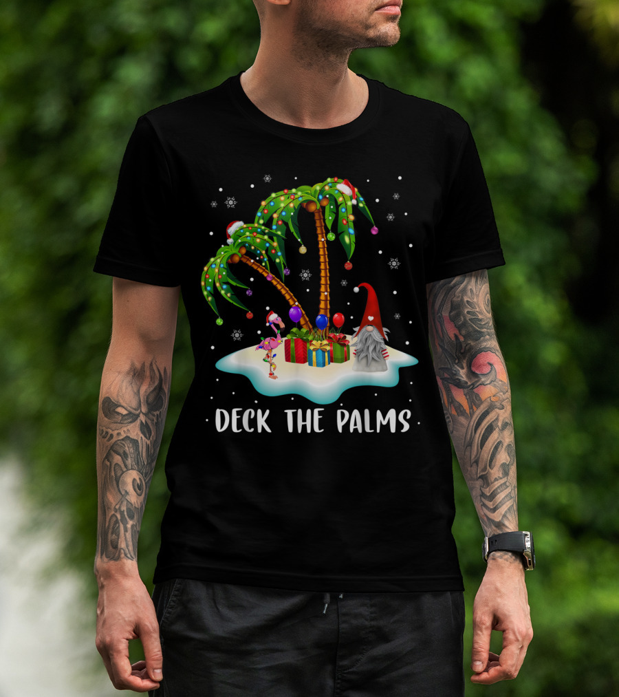 Deck The Palms Tropical Christmas Palm Tree With Santa Hat Flamingo And Gnome On Snowy Island T-Shirt