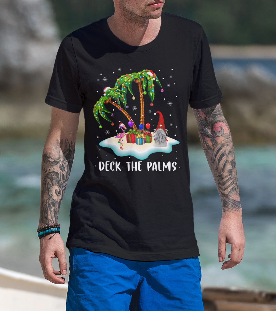 Deck The Palms Tropical Christmas Palm Tree With Santa Hat Flamingo And Gnome On Snowy Island T-Shirt