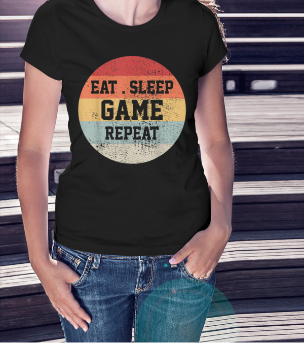 Eat Sleep Game Repeat Vintage Retro Stripes T-Shirt