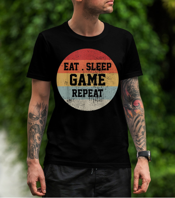Eat Sleep Game Repeat Vintage Retro Stripes T-Shirt
