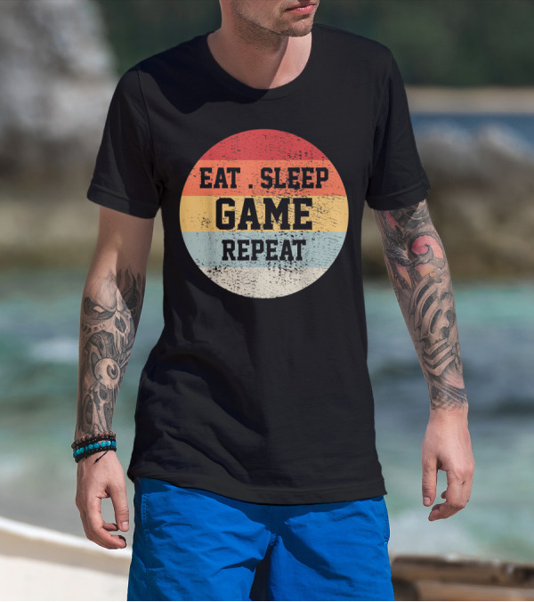 Eat Sleep Game Repeat Vintage Retro Stripes T-Shirt