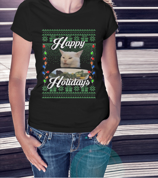 Happy Holidays Cat Meme With Festive Lights And Green Gift T-Shirt