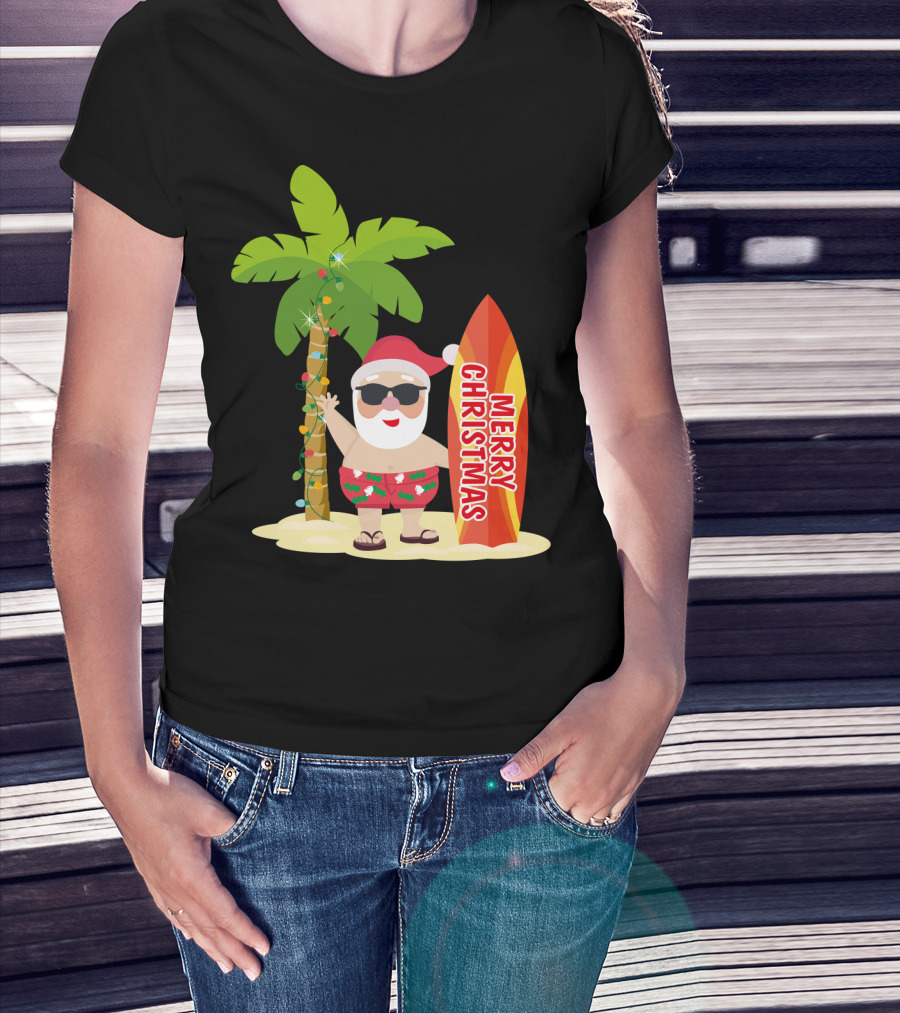 Merry Christmas Hawaiian Funny Ugly Cute Surfing Santa Holiday T-Shirt