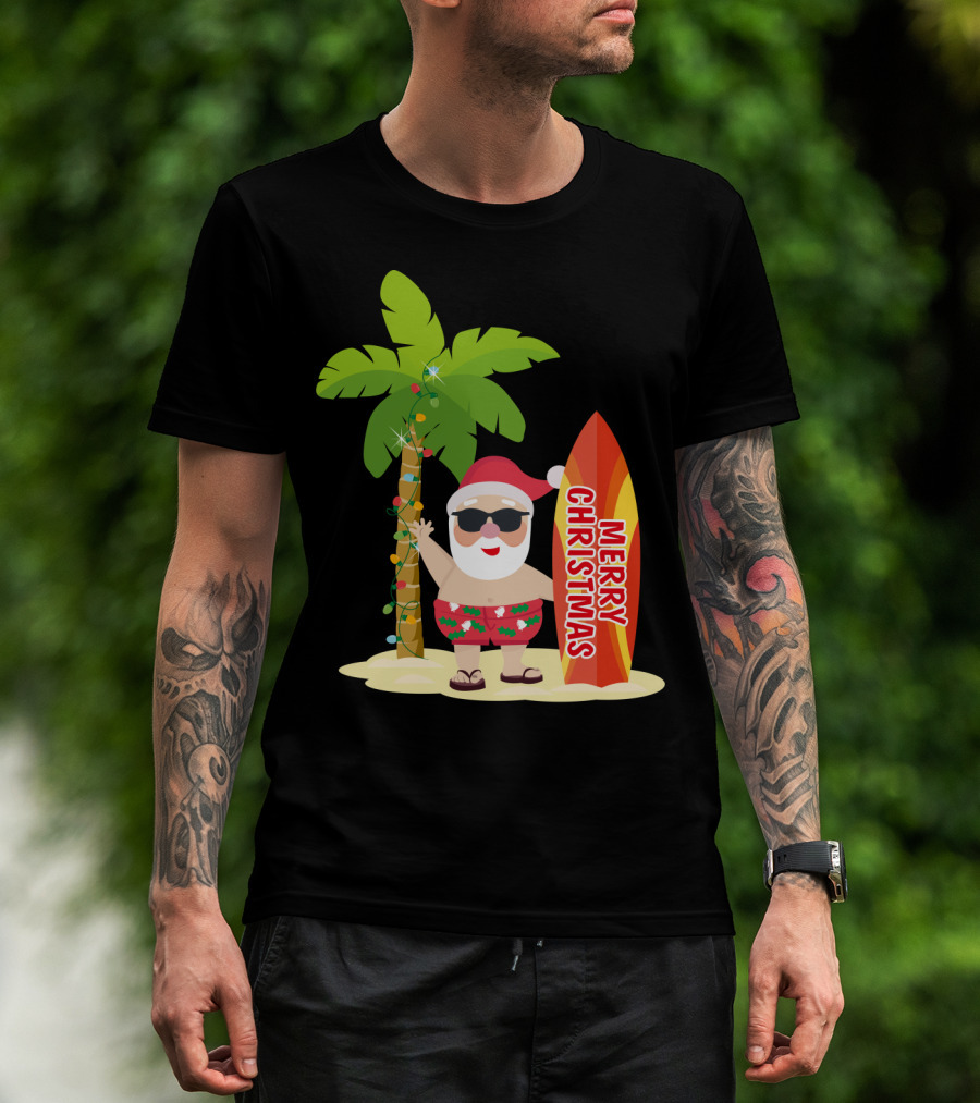 Merry Christmas Hawaiian Funny Ugly Cute Surfing Santa Holiday T-Shirt