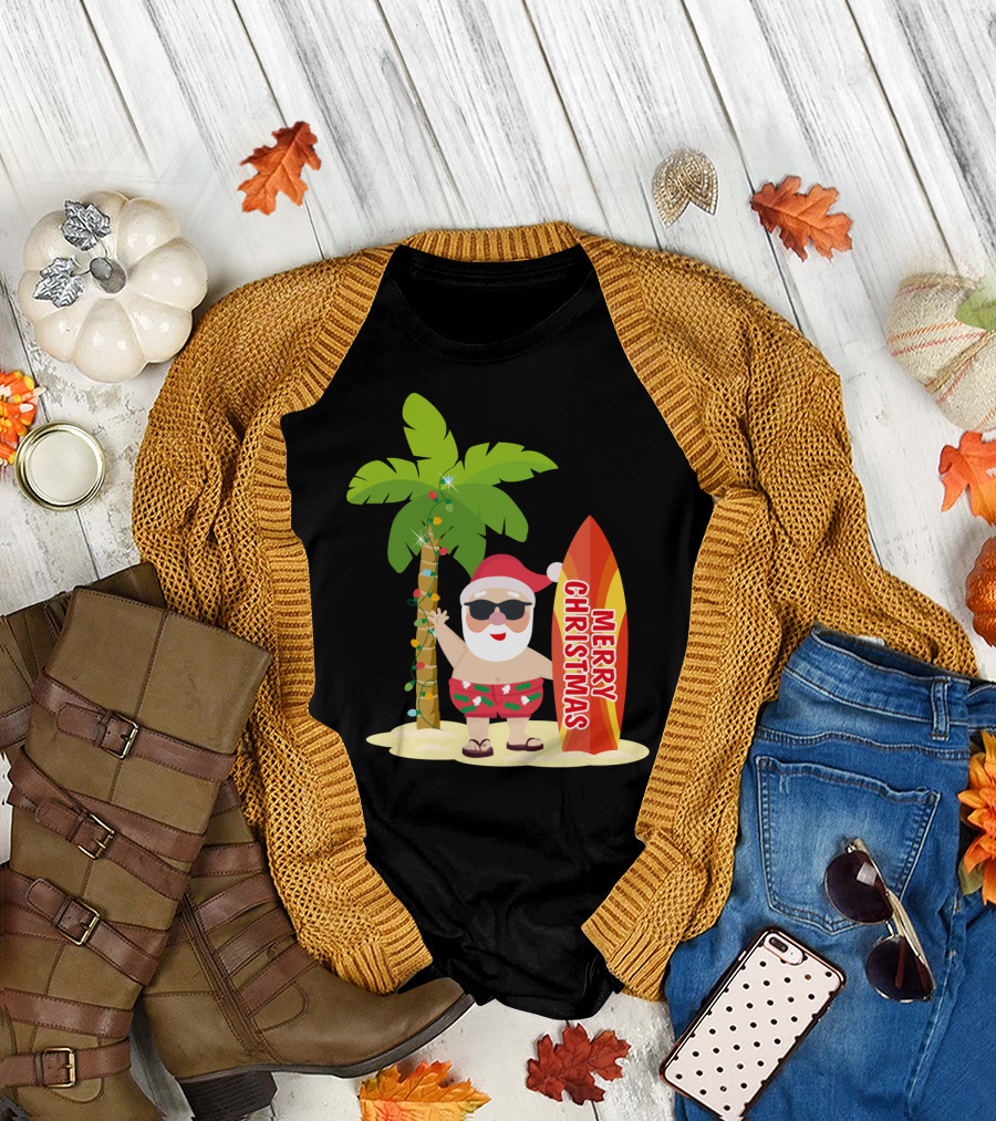 Merry Christmas Hawaiian Funny Ugly Cute Surfing Santa Holiday T-Shirt
