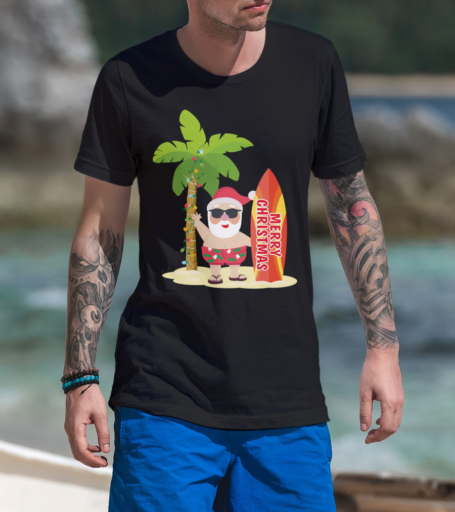Merry Christmas Hawaiian Funny Ugly Cute Surfing Santa Holiday T-Shirt