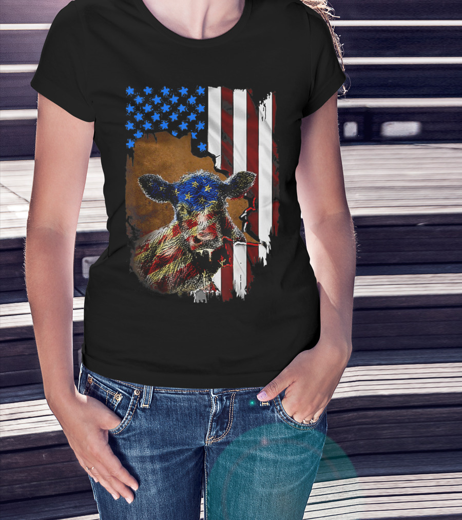 Heifer American Flag Farmer Cow Cattle July 4 T-Shirt