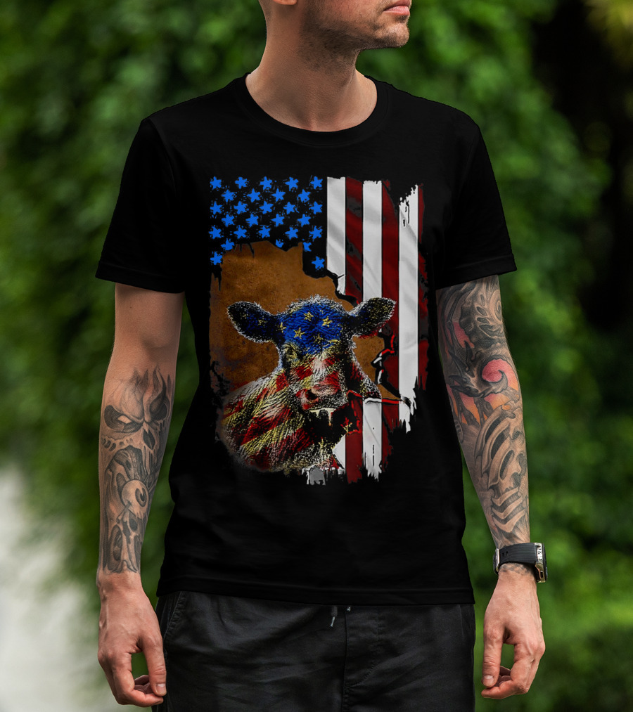 Heifer American Flag Farmer Cow Cattle July 4 T-Shirt