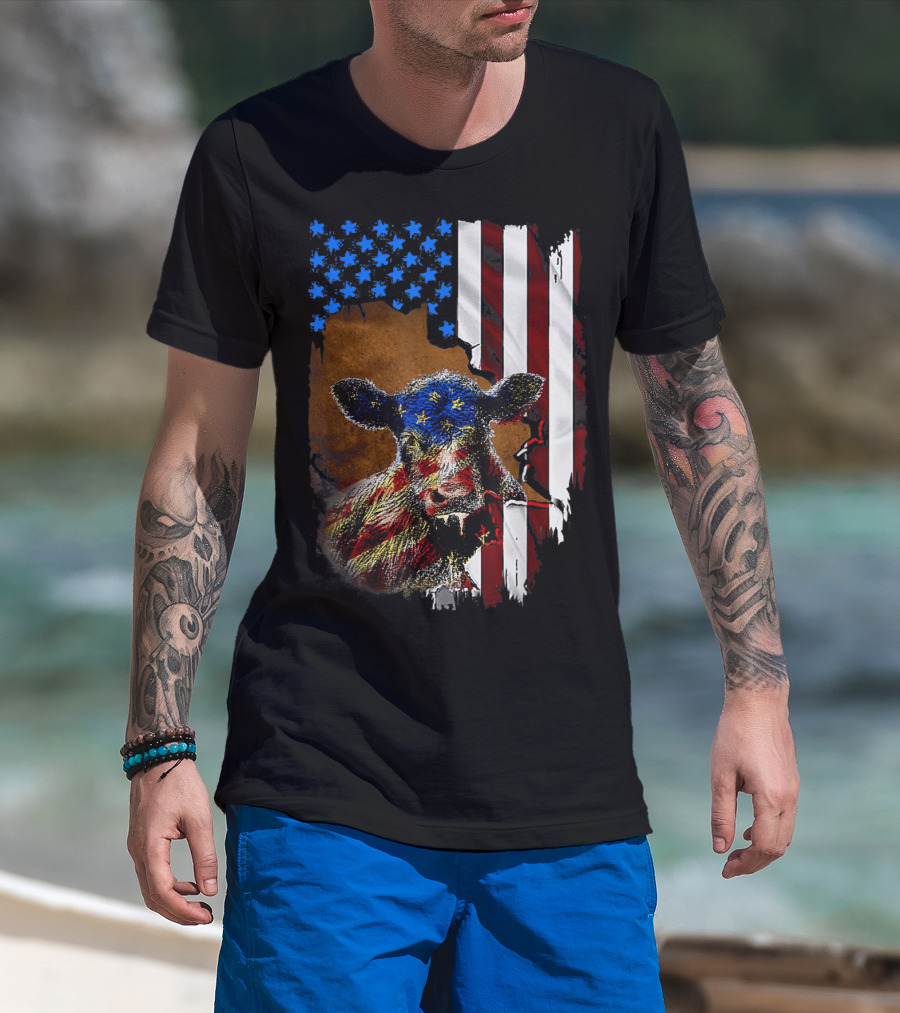 Heifer American Flag Farmer Cow Cattle July 4 T-Shirt