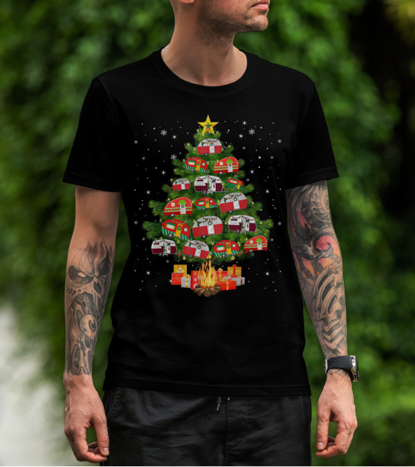 Camping Vehicle Christmas Tree Festive Campers With Star And Gifts T-Shirt