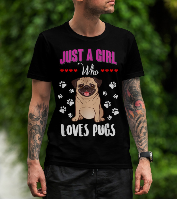 Just A Girl Who Loves Pugs With Paw Prints And Hearts T-Shirt